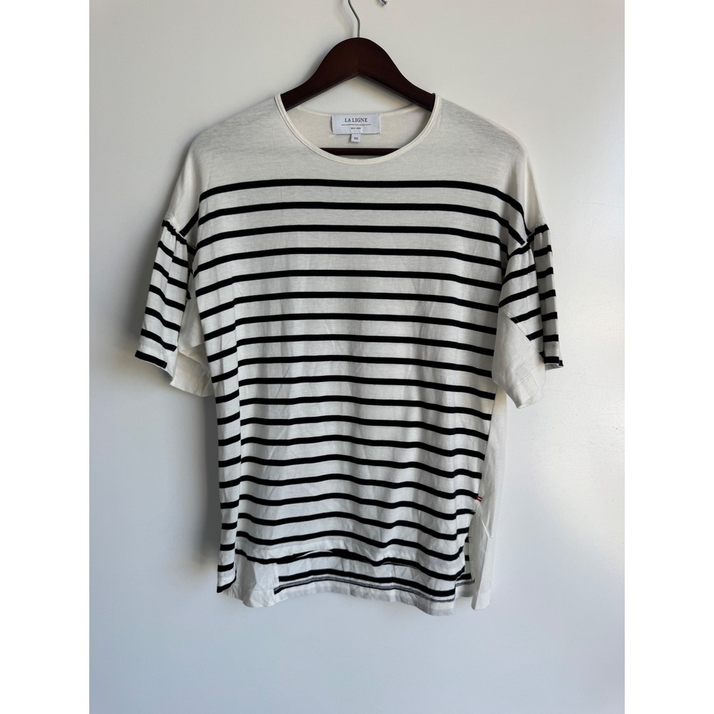 La Ligne Sailor Stripe Cotton Shirt Ivory Black Short Sleeve Boxy Top XS Preppy